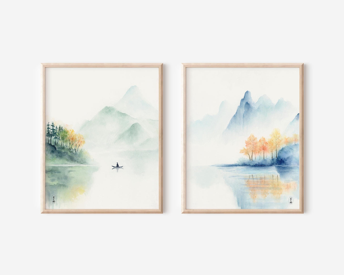 Graceful Voyage | Set of 2 Traditional Style Lake Watercolor Art Prints